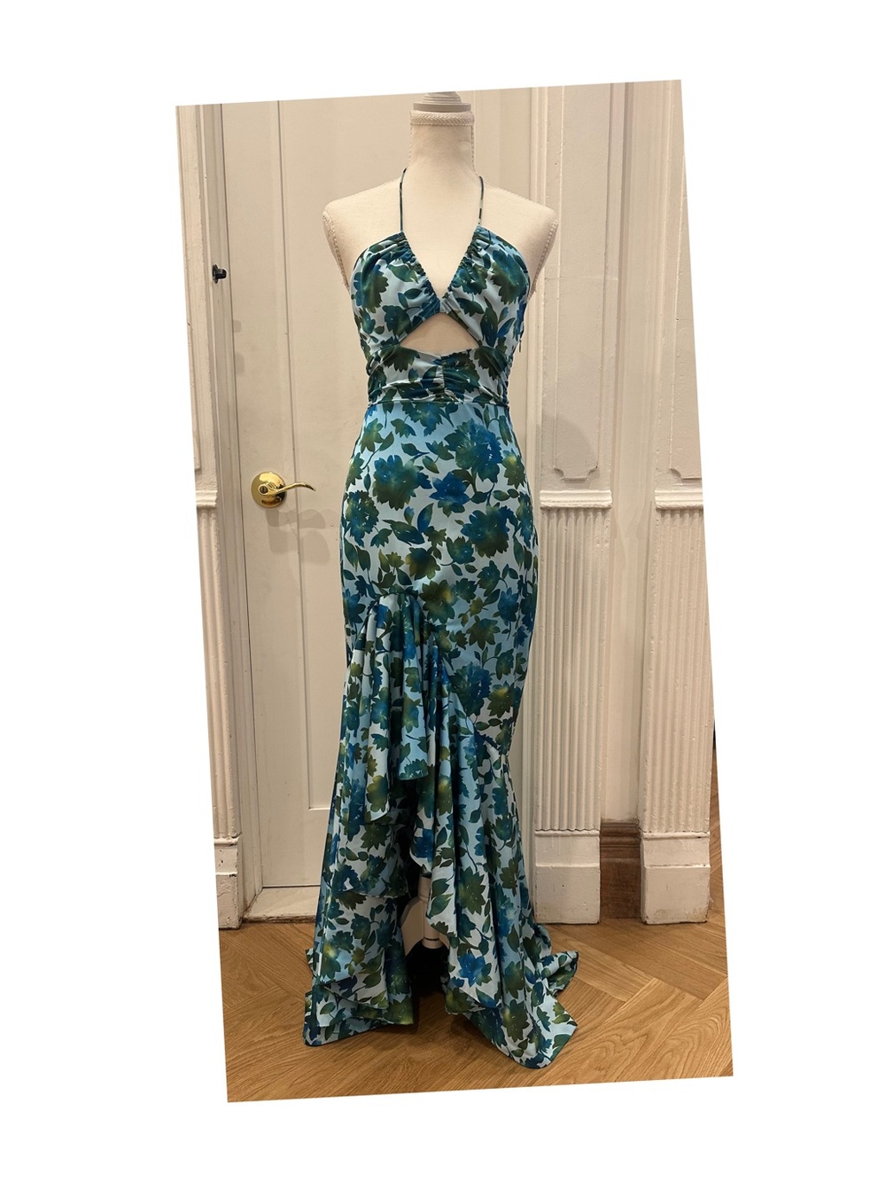 AMUR “Edie” Blue and Green Floral Halter Mermaid Gown